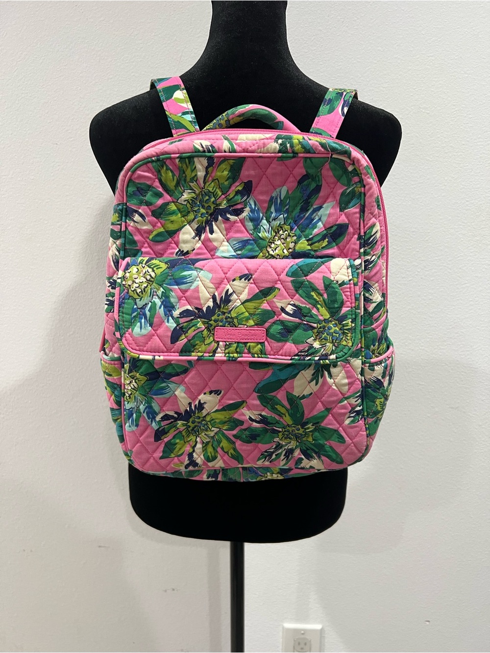 Vera Bradley Quilted Floral Backpack Pink Green Travel Laptop School Bag